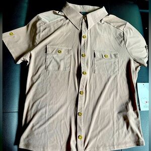 Women’s Tan Button up Collar short sleeve. Very lightweight and comfortable.